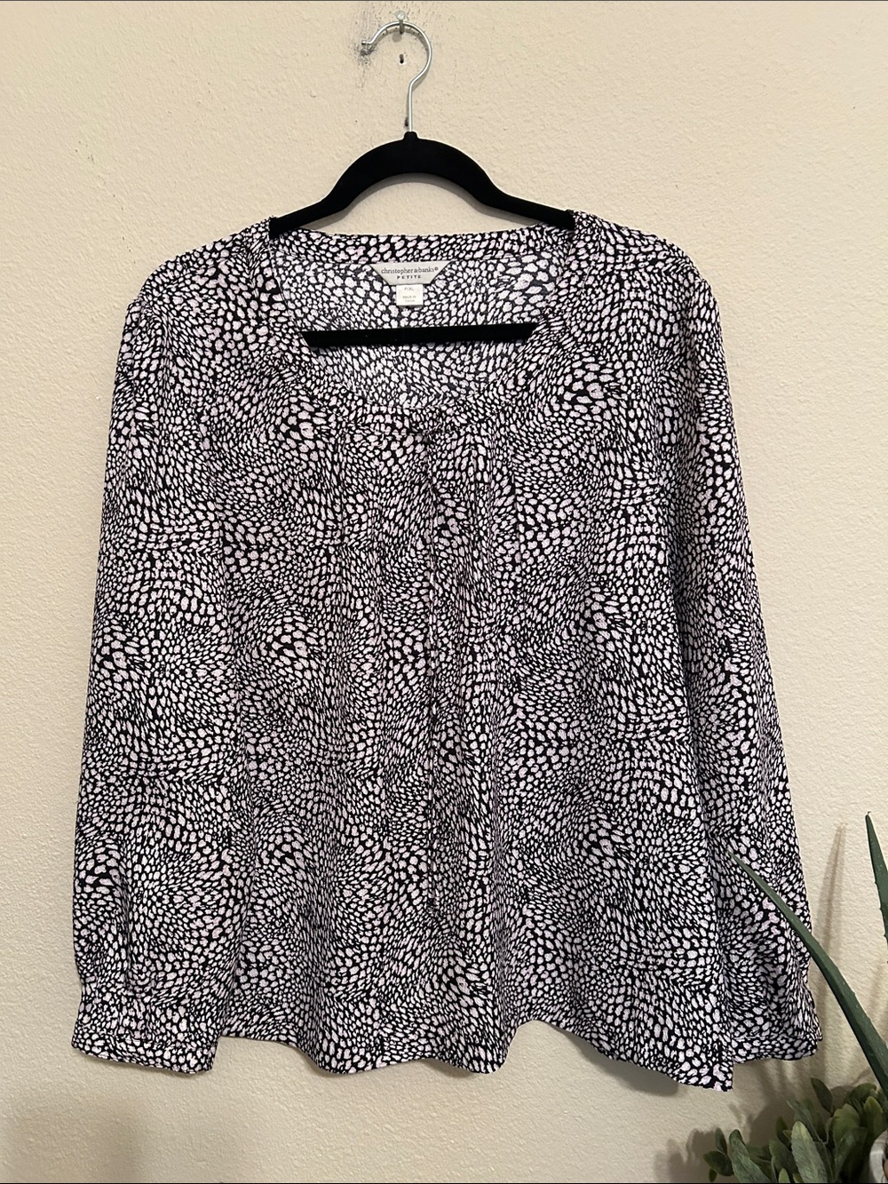 Christopher & Banks Black and White Pebble-Print Long Sleeve Blouse